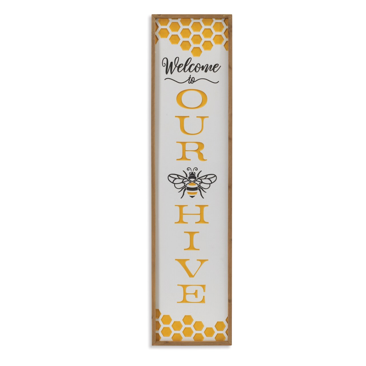 Contemporary Home Living Wooden "Welcome to Our Hive" Engraved Bee Wall Sign - 48" - White and Yellow